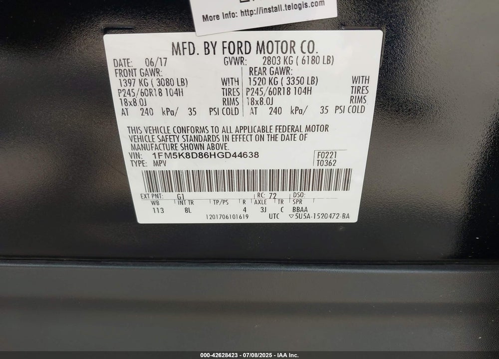 2017 FORD EXPLORER VIN: 1FM5K8D86HGD44638