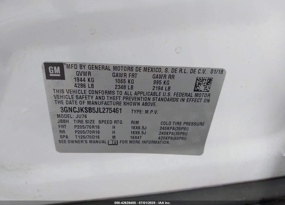 2018 CHEVROLET TRAX VIN: 3GNCJKSB5JL275461