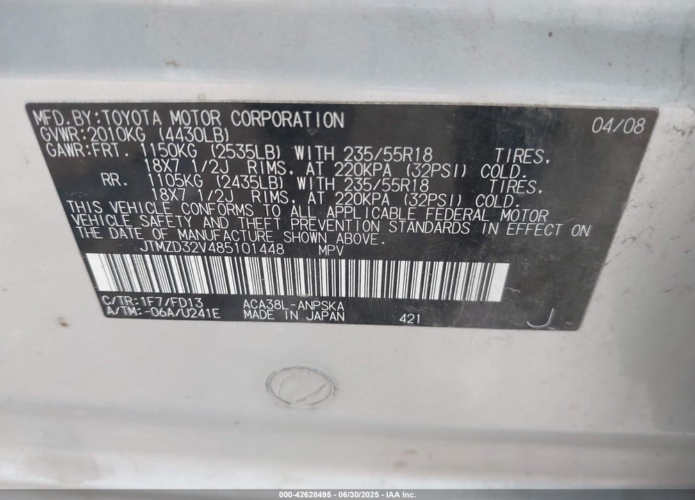 2008 TOYOTA RAV4 VIN: JTMZD32V485101448