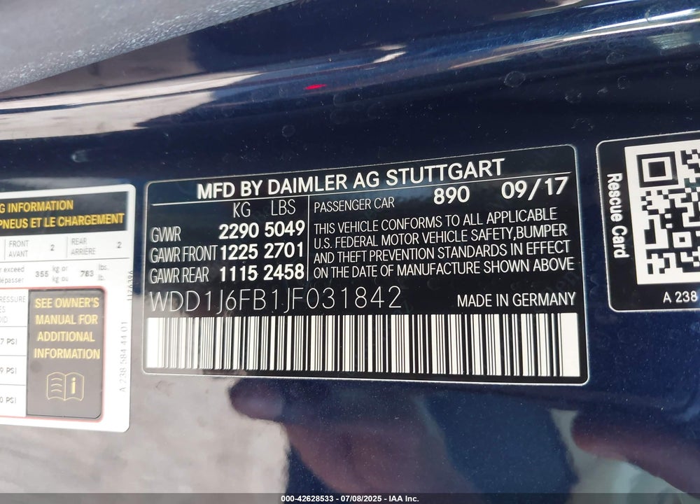2018 MERCEDES-BENZ E-CLASS VIN: WDD1J6FB1JF031842
