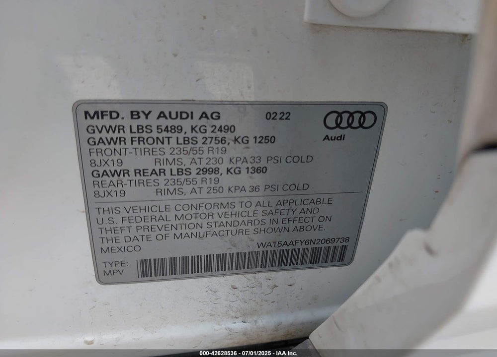 2022 AUDI Q5 SPORTBACK VIN: WA15AAFY6N2069738