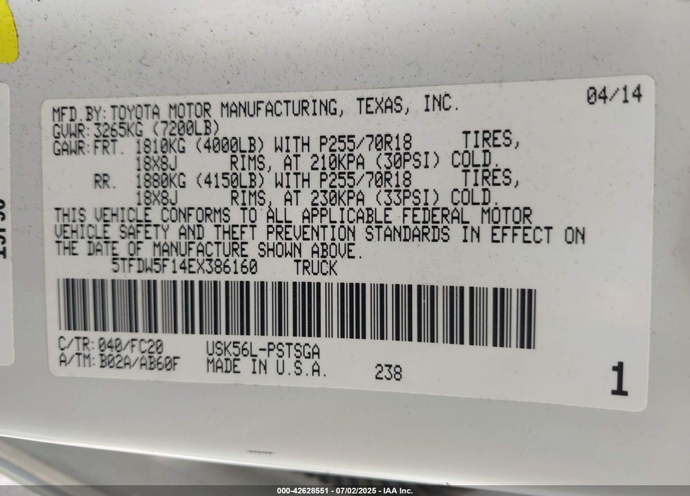2014 TOYOTA TUNDRA VIN: 5TFDW5F14EX386160