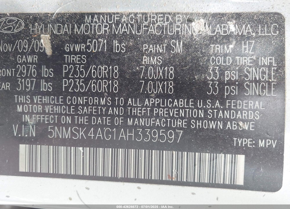 2010 HYUNDAI SANTA FE VIN: 5NMSK4AG1AH339597