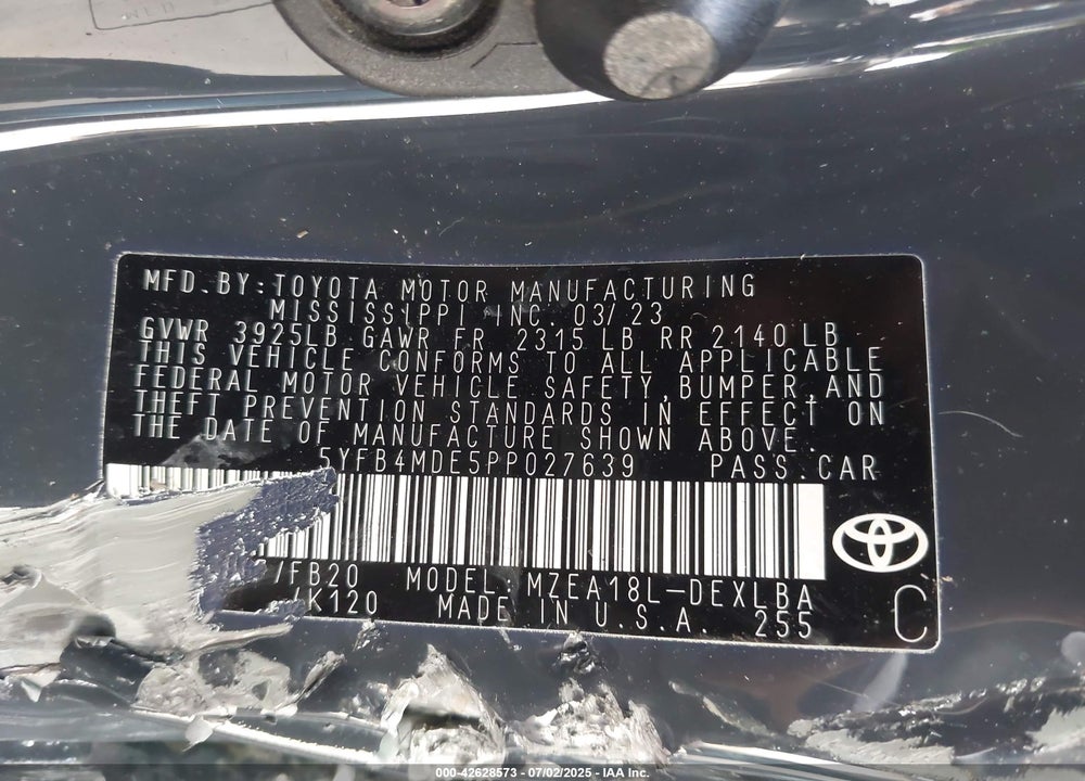 2023 TOYOTA COROLLA VIN: 5YFB4MDE5PP027639