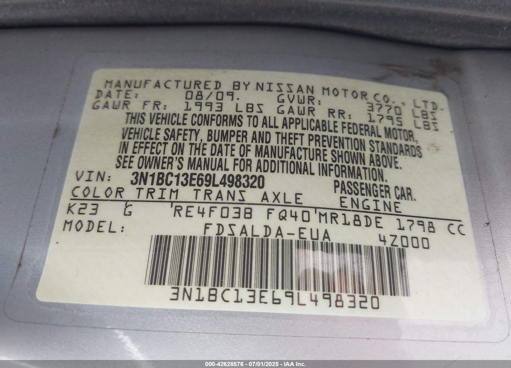 2009 NISSAN VERSA VIN: 3N1BC13E69L498320