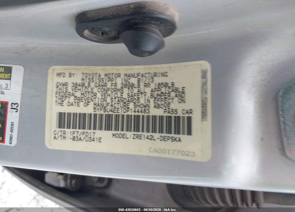 2013 TOYOTA COROLLA VIN: 5YFBU4EE1DP144483