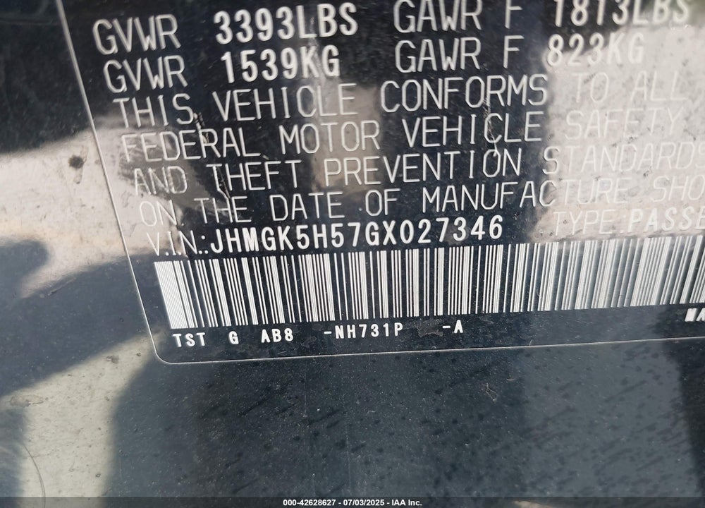 2016 HONDA FIT LX VIN: JHMGK5H57GX027346