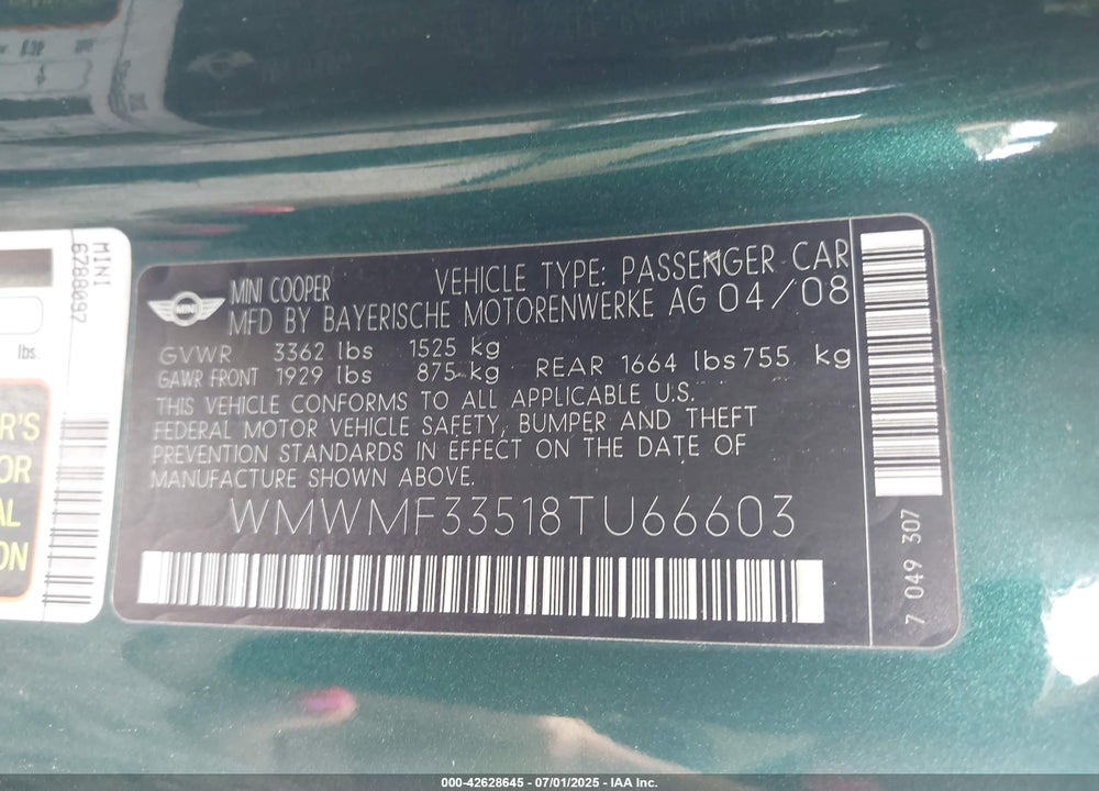 2008 MINI COOPER VIN: WMWMF33518TU66603