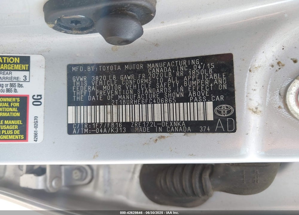 2015 TOYOTA COROLLA VIN: 2T1BURHE6FC406865
