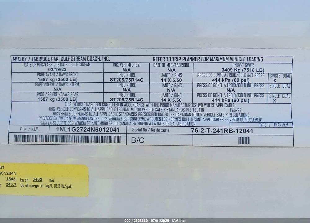 2022 GULF STREAM AMERI-LI 241RB VIN: 1NL1G2724N6012041
