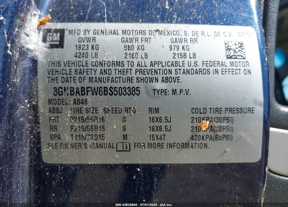 2011 CHEVROLET HHR VIN: 3GNBABFW6BS503385