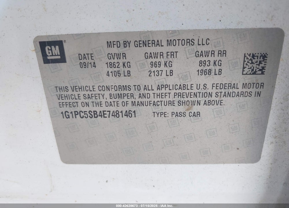 2014 CHEVROLET CRUZE VIN: 1G1PC5SB4E7481461