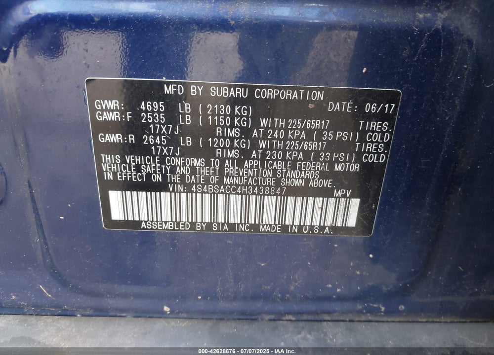 2017 SUBARU OUTBACK VIN: 4S4BSACC4H3438847