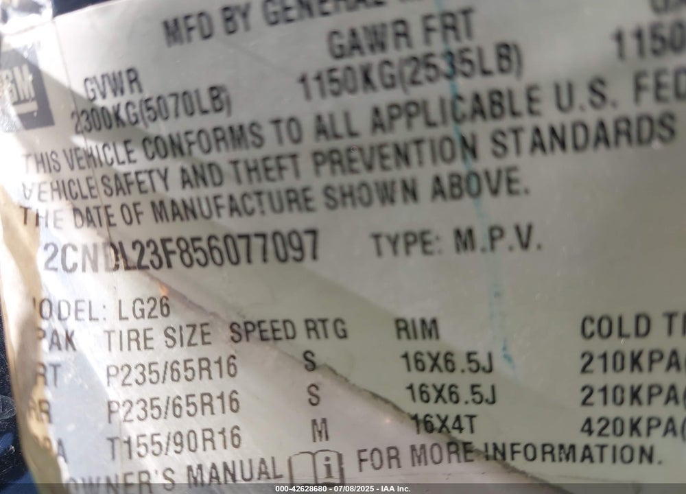 2005 CHEVROLET EQUINOX LS VIN: 2CNDL23F856077097
