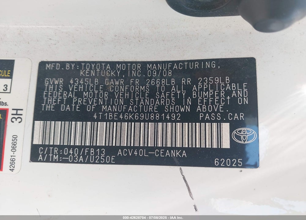 2009 TOYOTA CAMRY VIN: 4T1BE46K69U881492