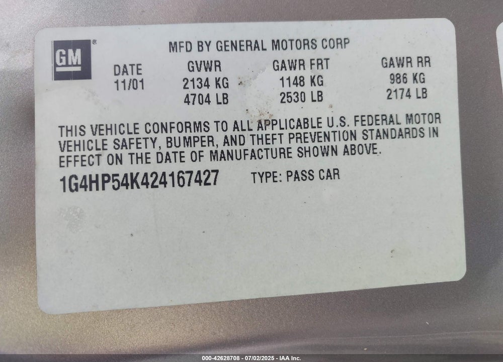 2002 BUICK LESABRE CUSTOM VIN: 1G4HP54K424167427