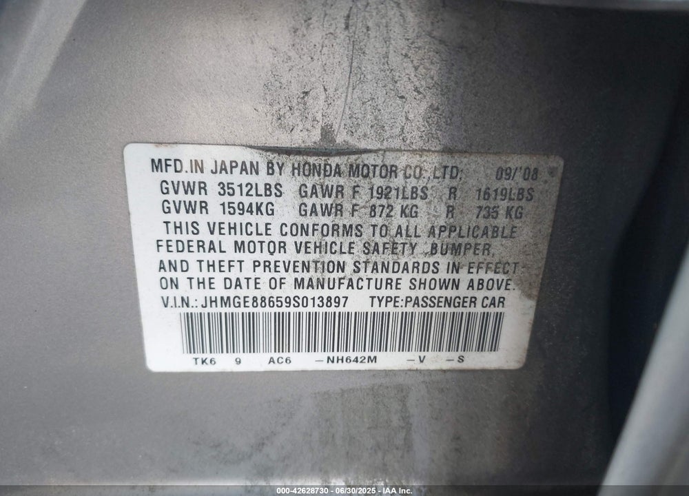 2009 HONDA FIT VIN: JHMGE88659S013897