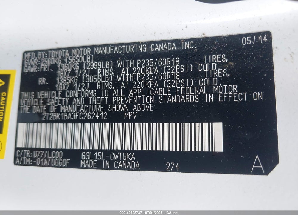 2015 LEXUS RX350 VIN: 2T2BK1BA3FC262412
