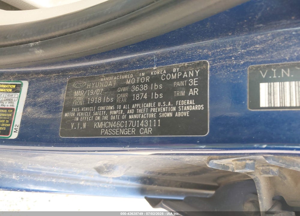2007 HYUNDAI ACCENT VIN: KMHCN46C17U143111
