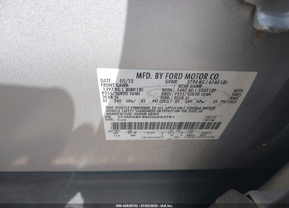 2013 FORD EXPLORER VIN: 1FM5K8F89DGA63781