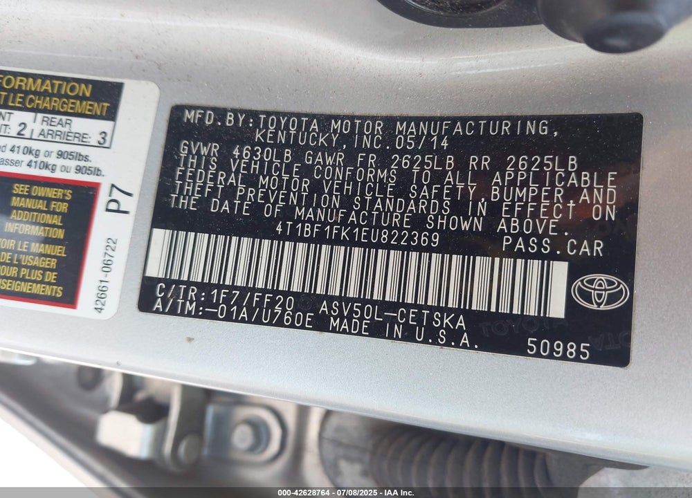 2014 TOYOTA CAMRY VIN: 4T1BF1FK1EU822369