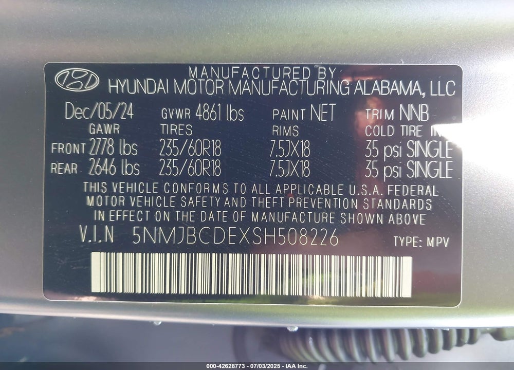 2025 HYUNDAI TUCSON VIN: 5NMJBCDEXSH508226