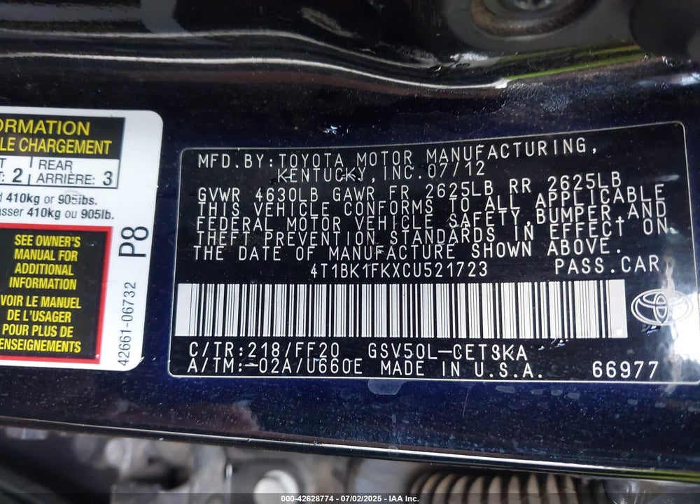 2012 TOYOTA CAMRY VIN: 4T1BK1FKXCU521723