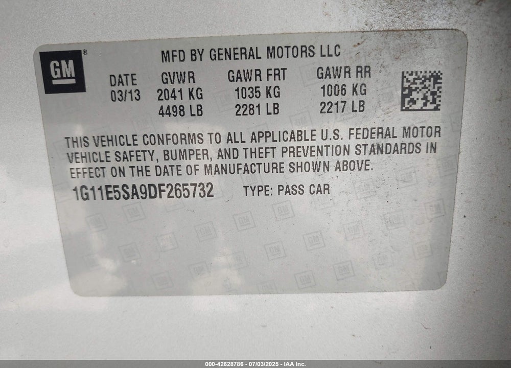 2013 CHEVROLET MALIBU VIN: 1G11E5SA9DF265732