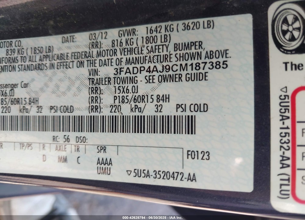 2012 FORD FIESTA VIN: 3FADP4AJ9CM187385