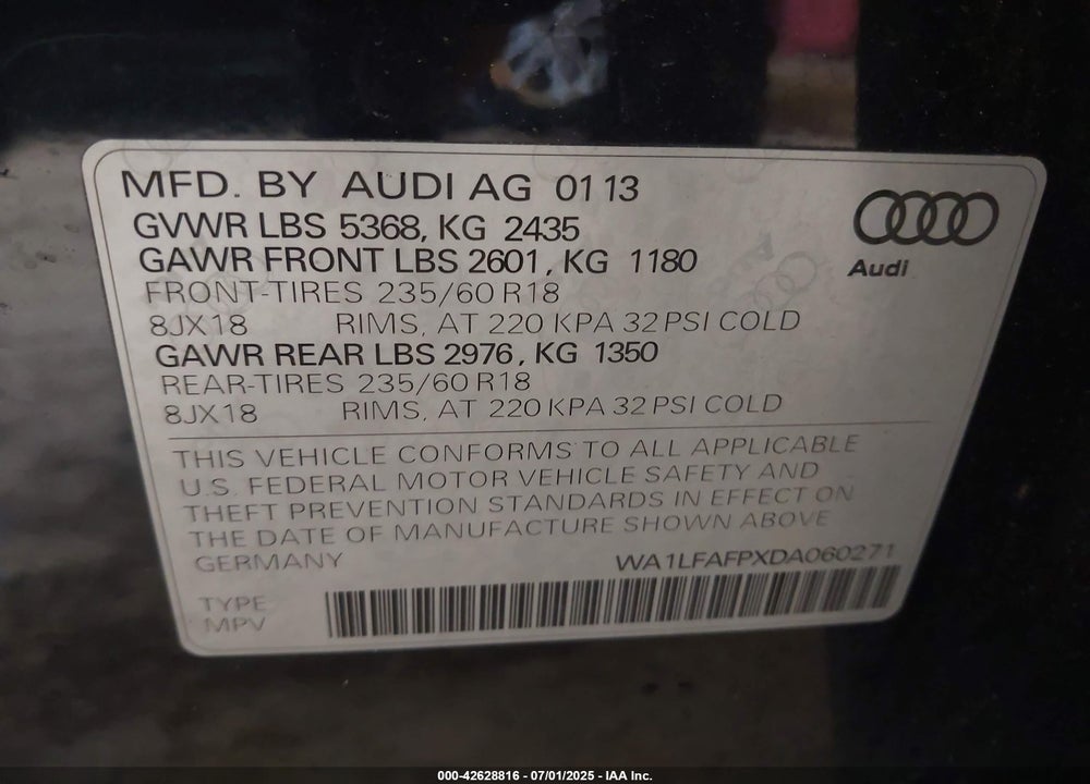 2013 AUDI Q5 VIN: WA1LFAFPXDA060271