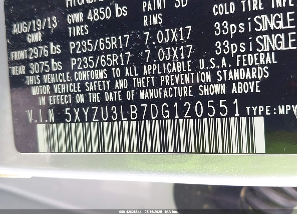 2013 HYUNDAI SANTA FE VIN: 5XYZU3LB7DG120551
