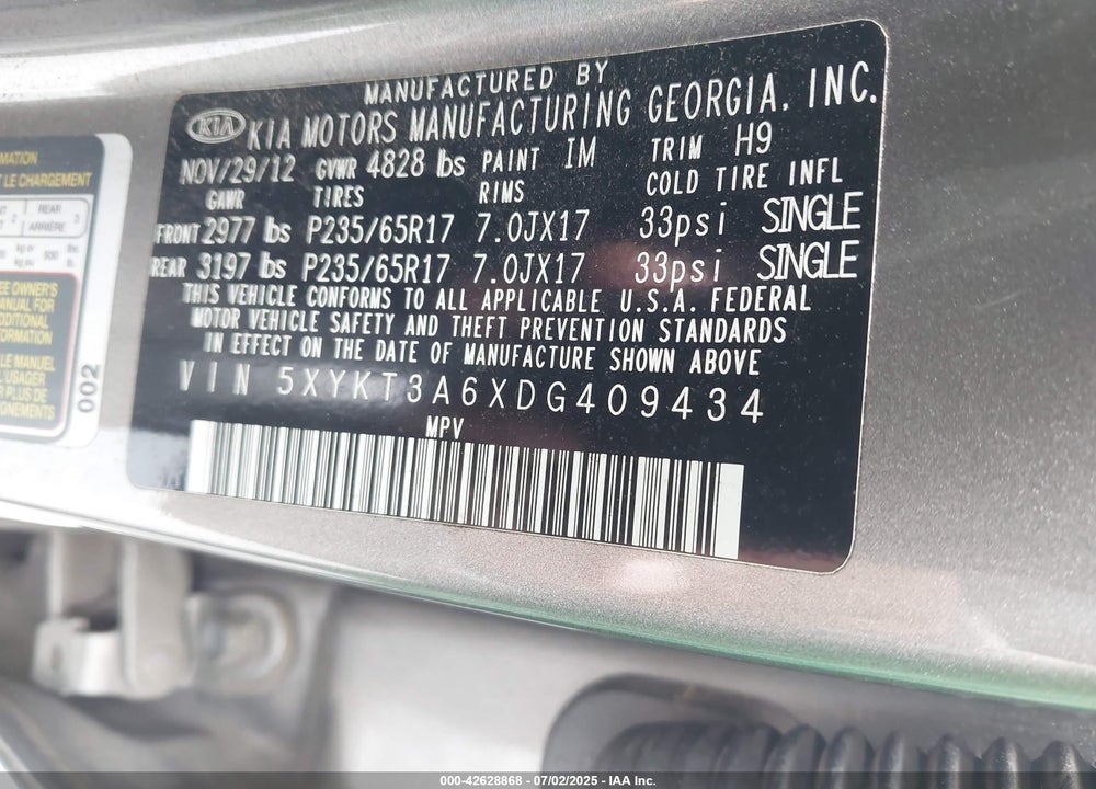 2013 KIA SORENTO VIN: 5XYKT3A6XDG409434