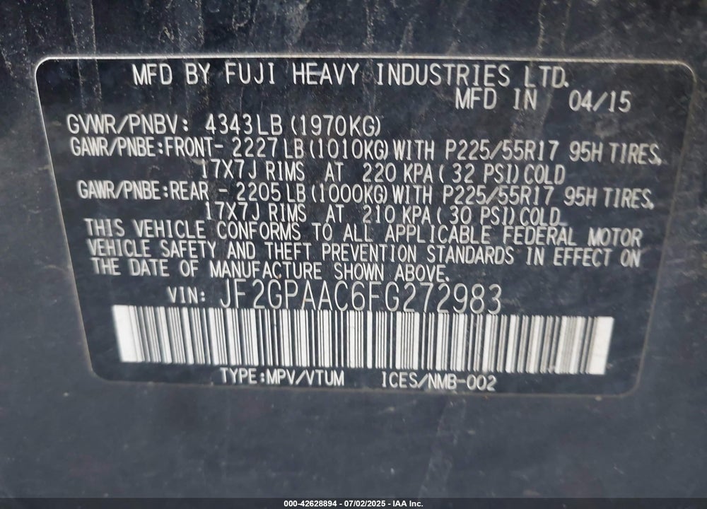 2015 SUBARU XV CROSSTREK VIN: JF2GPAAC6FG272983