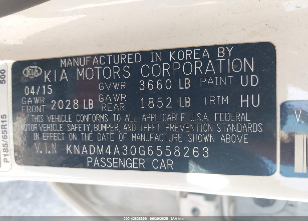 2016 KIA RIO VIN: KNADM4A30G6558263