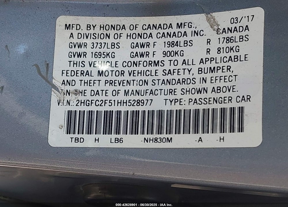 2017 HONDA CIVIC VIN: 2HGFC2F51HH528977