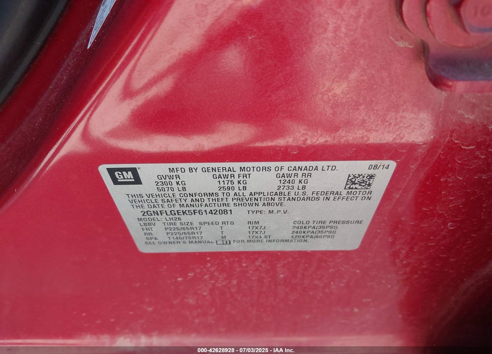2015 CHEVROLET EQUINOX VIN: 2GNFLGEK5F6142081