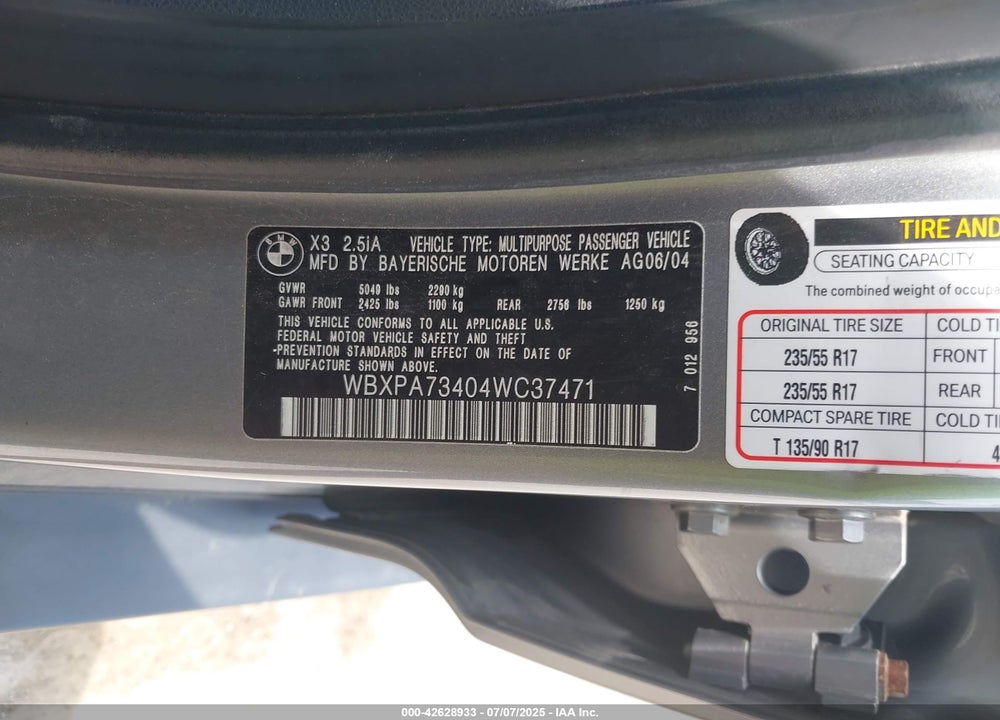 2004 BMW X3 2.5I VIN: WBXPA73404WC37471