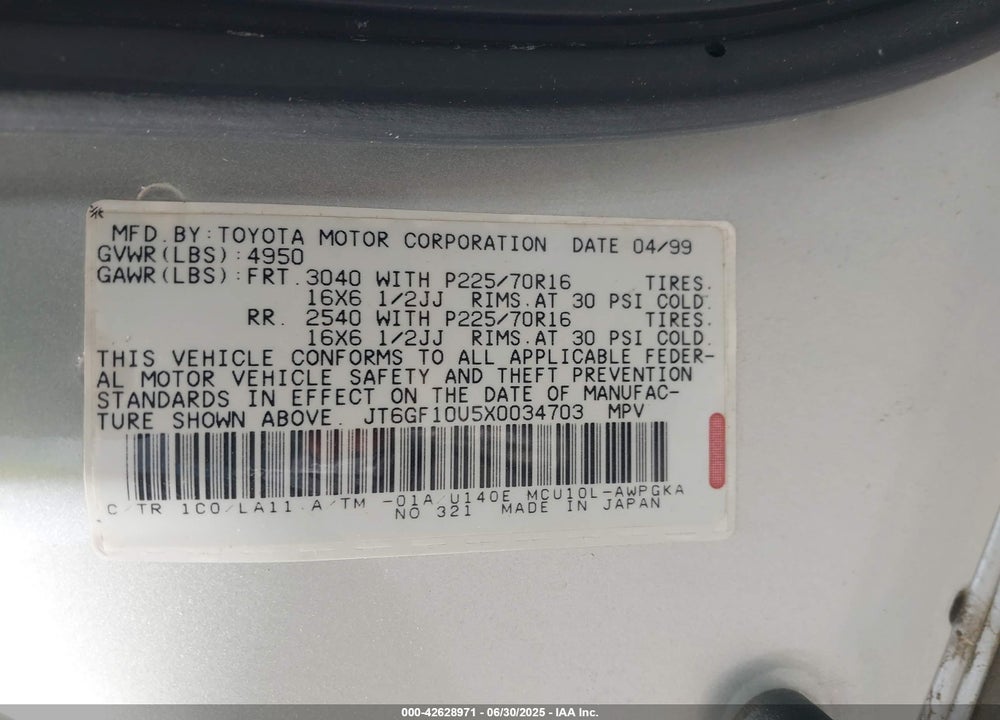 1999 LEXUS RX 300 VIN: JT6GF10U5X0034703