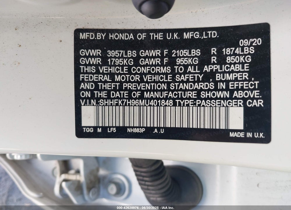2021 HONDA CIVIC VIN: SHHFK7H96MU401848