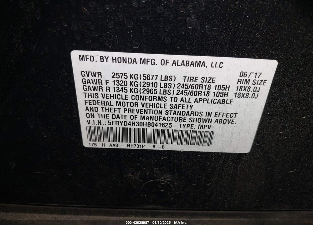 2017 ACURA MDX VIN: 5FRYD4H30HB041625