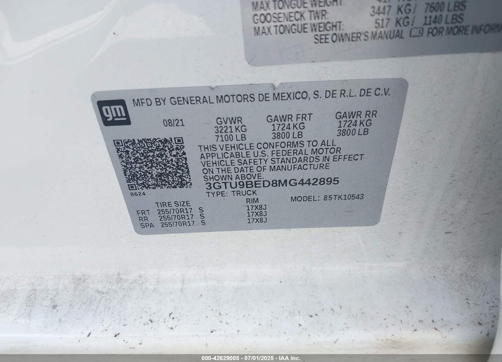 2021 GMC SIERRA 1500 VIN: 3GTU9BED8MG442895