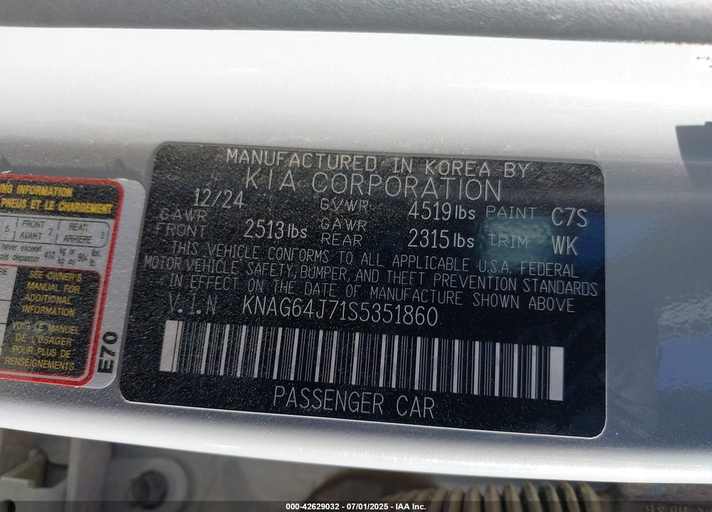 2025 KIA K5 GT LINE VIN: KNAG64J71S5351860