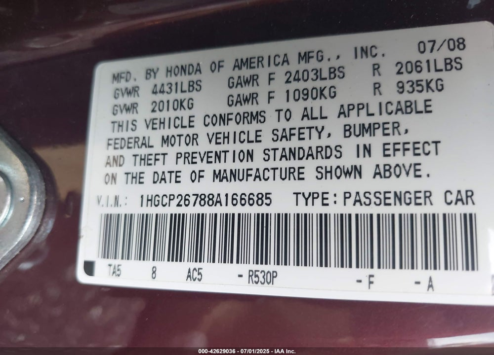 2008 HONDA ACCORD VIN: 1HGCP26788A166685