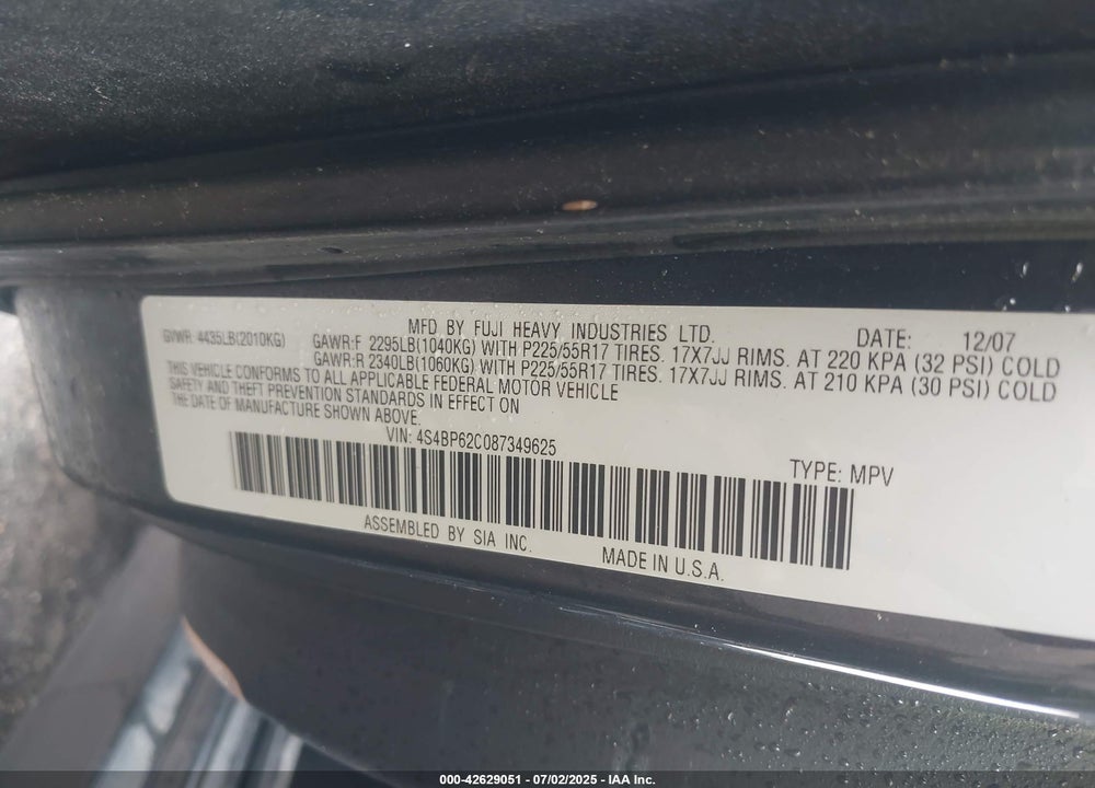 2008 SUBARU OUTBACK VIN: 4S4BP62C087349625