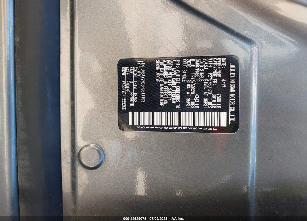 2017 NISSAN ARMADA SL VIN: JN8AY2NC5H9511193