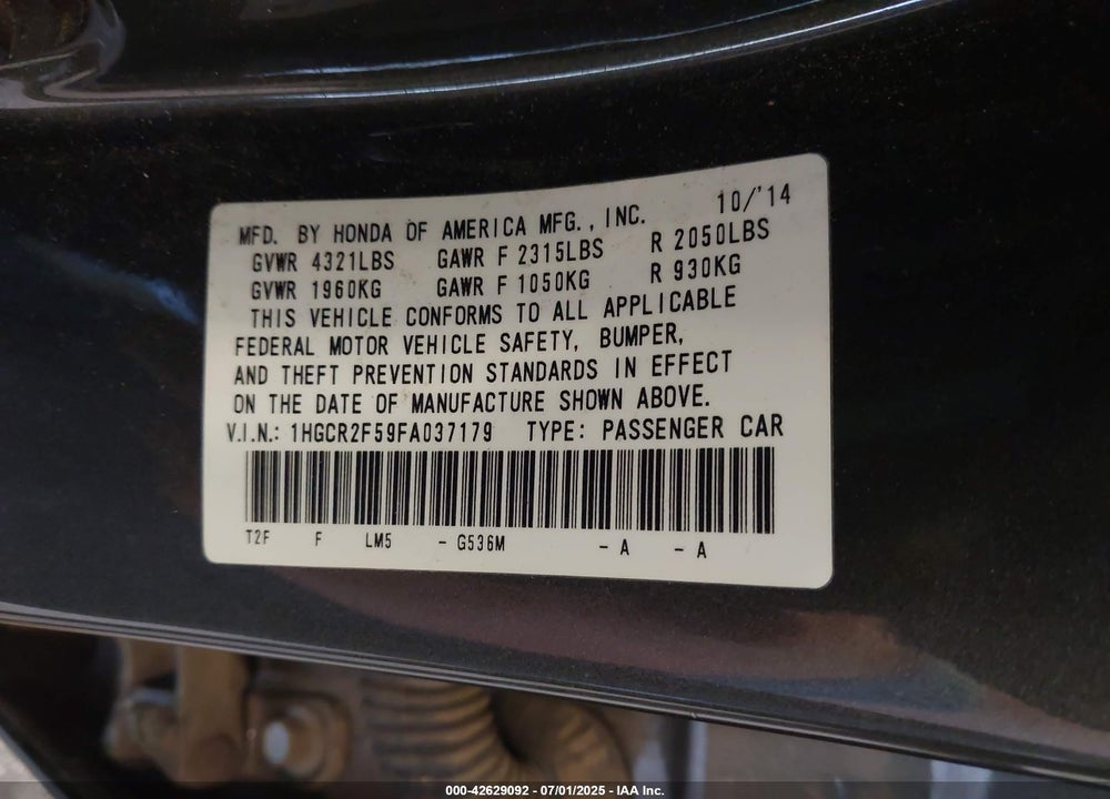 2015 HONDA ACCORD VIN: 1HGCR2F59FA037179