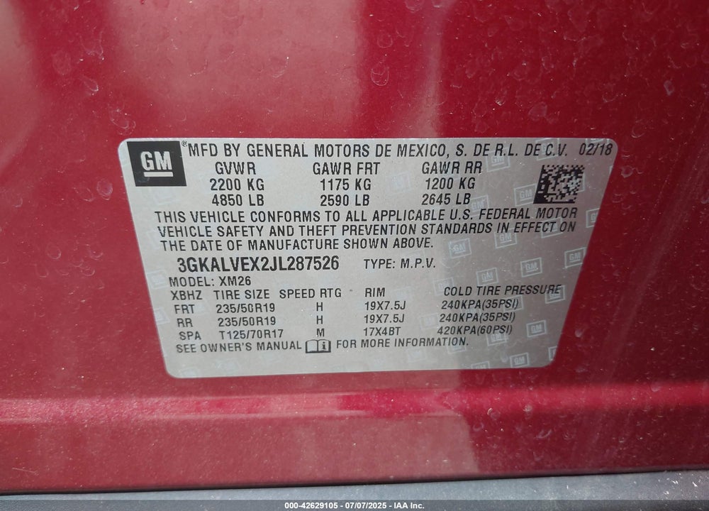 2018 GMC TERRAIN VIN: 3GKALVEX2JL287526