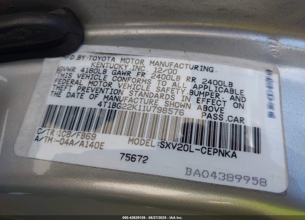 2001 TOYOTA CAMRY LE VIN: 4T1BG22K11U798576