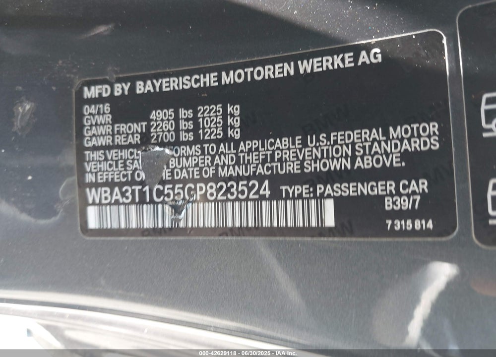 2016 BMW 4 SERIES VIN: WBA3T1C55GP823524