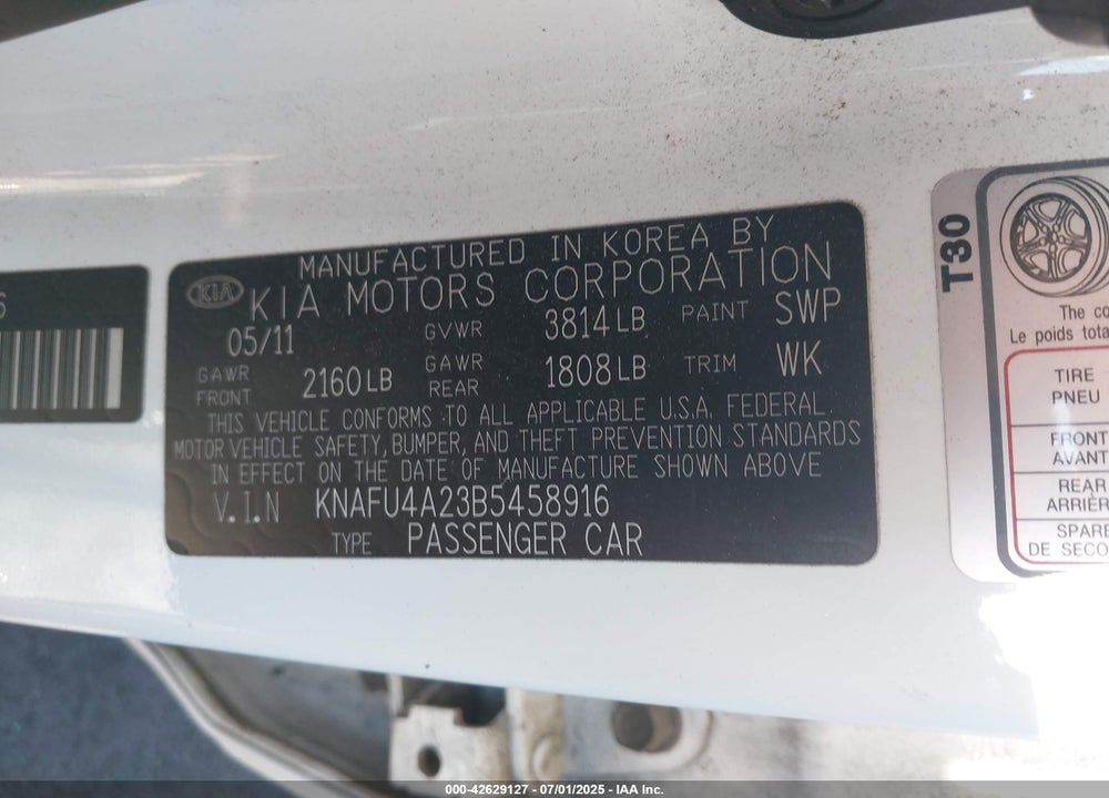 2011 KIA FORTE EX VIN: KNAFU4A23B5458916